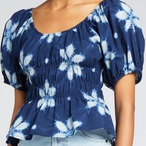 Sea New York - Blue Puff Sleeve Cotton Floral Batik Isla Crop Top, size S